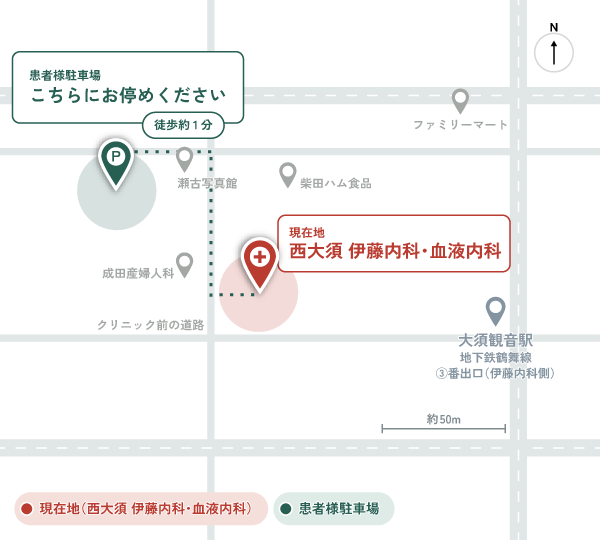 クリニック周辺の道路・駐車場案内図(地下鉄大須観音駅出口、バス停、高速出口の位置を表示)